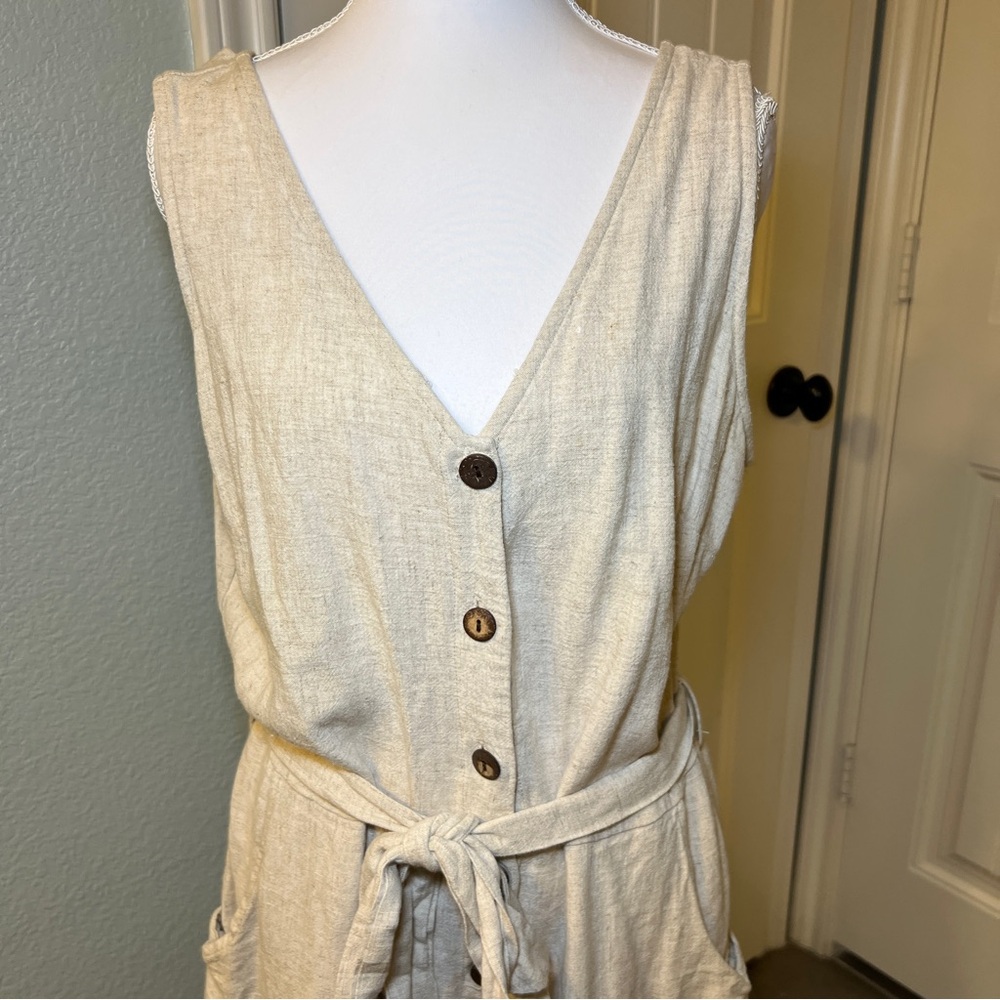 Women’s‎ Beige Linen Sleeveless Romper with Button Accents Tie Waist Size Large - Picture 5 of 14